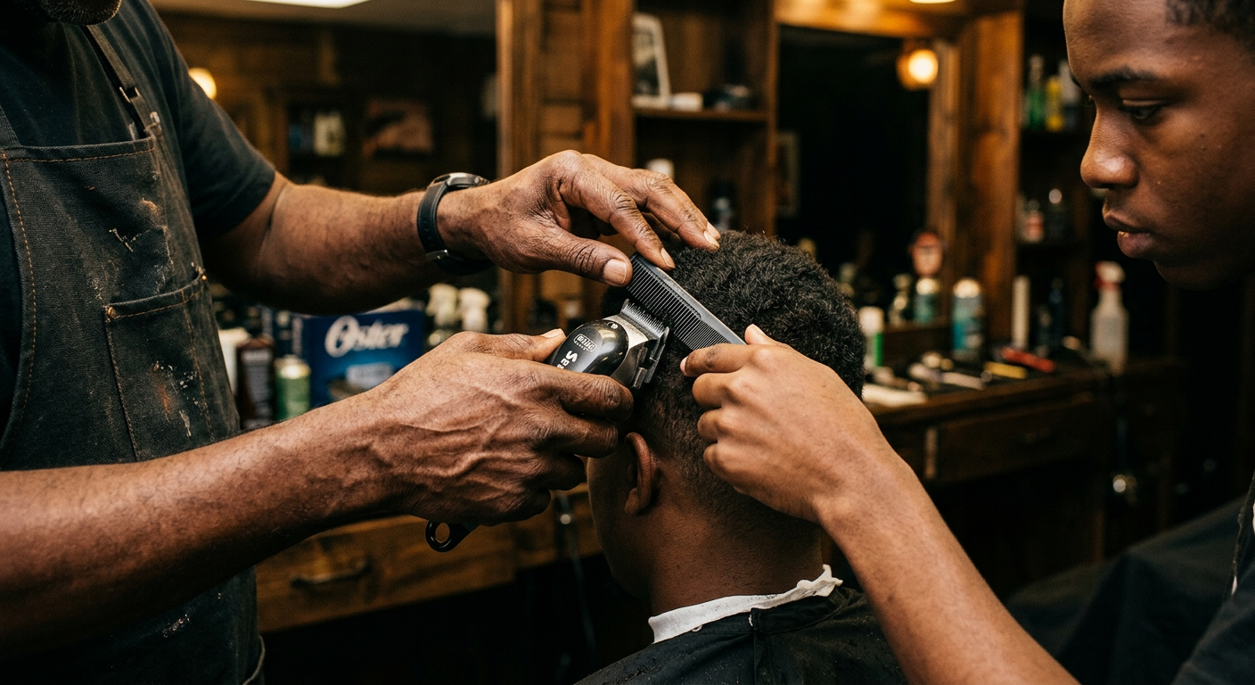 A master barber guiding a student with clippers.
