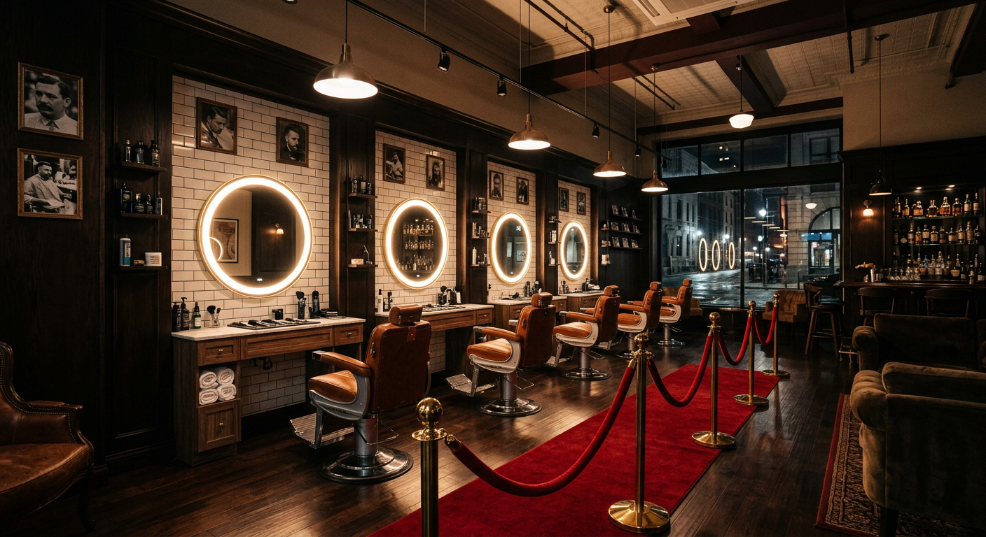 The VIP lounge with a red carpet, gold stanchions, and leather barber chairs.